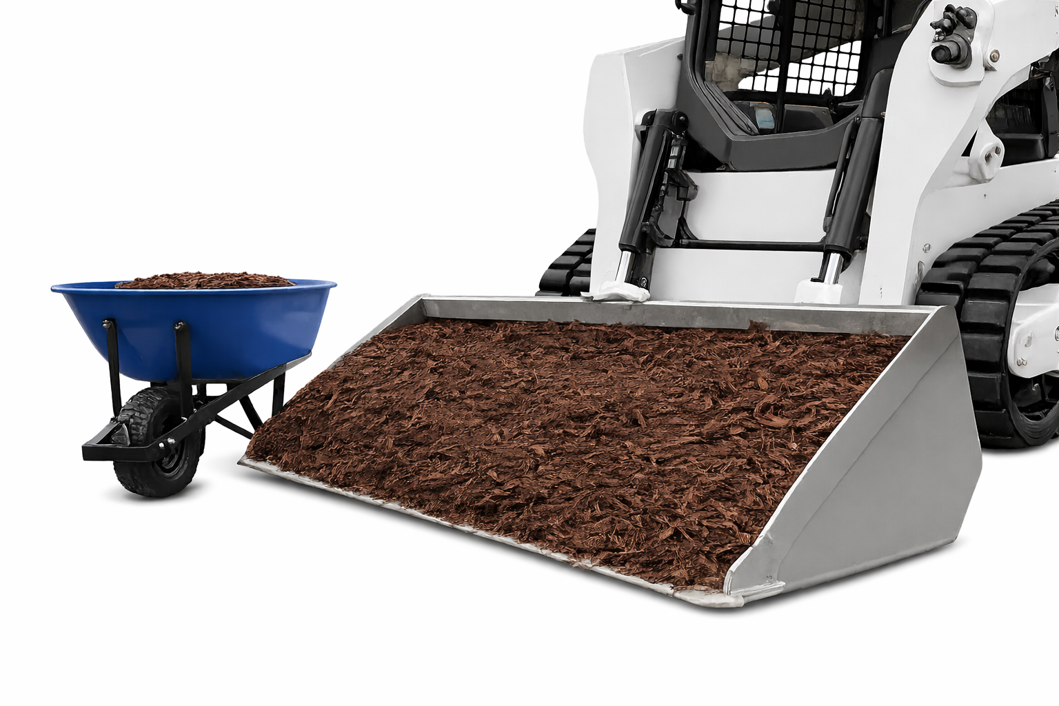 Bulk brown mulch loaded in a skid steer bucket and wheelbarrow, showing how mulch is moved and installed by the yard
